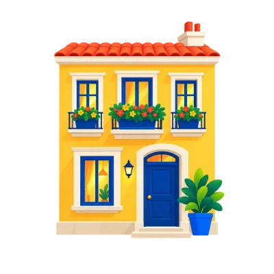 Une petite maison à la façade jaune, avec ses fenêtres éclairées, ses jardinières fleuries et une plante en pot près de la porte.