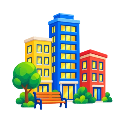 Trois immeubles de hauteurs différentes aux fenêtres éclairées, avec un arbre, un banc et des massifs au premier plan.