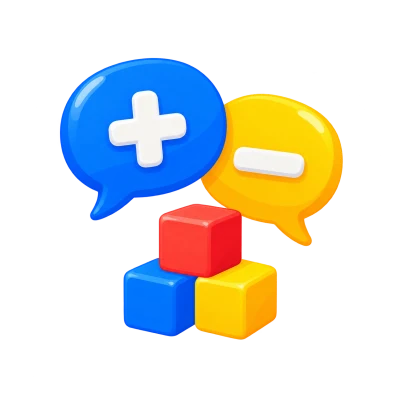 Deux bulles de conversation, l'une portant un plus et l'autre un moins, au-dessus de trois cubes empilés.