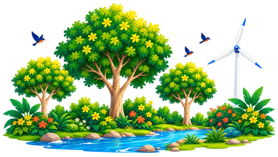 Un bosquet de trois arbres en fleurs au bord d'un ruisseau, avec une éolienne à l'arrière-plan et des oiseaux en vol.