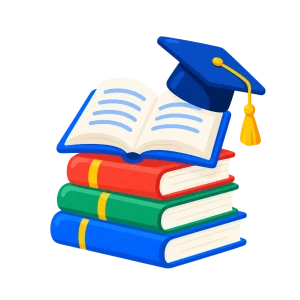 Une pile de livres surmontée d'un livre ouvert et d'une toque de diplômé.