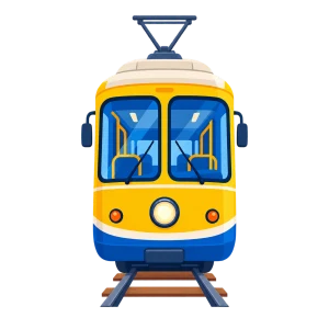Un tramway vu de face, posé sur ses rails.