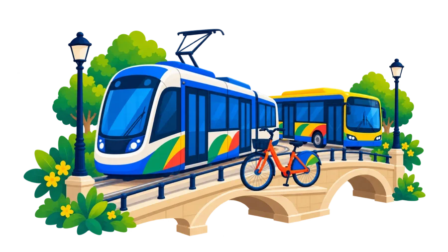 Un tramway franchit un pont en arches, un bus roule derrière lui et un vélo est garé sur le pont, entre des lampadaires et des massifs fleuris.