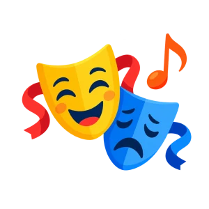 Deux masques de théâtre, l'un souriant et l'autre triste, avec une note de musique.
