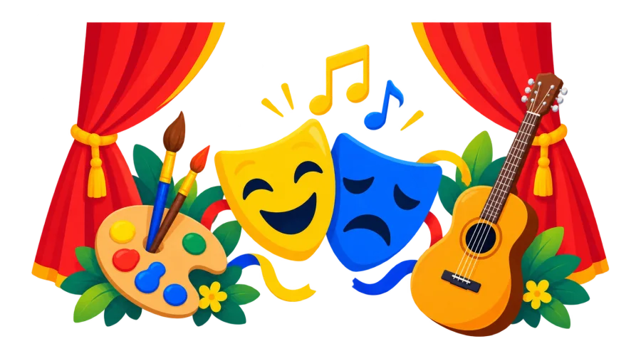 Deux masques de théâtre, l'un souriant et l'autre triste, entre des rideaux de scène rouges, avec une palette de peintre et une guitare de part et d'autre.