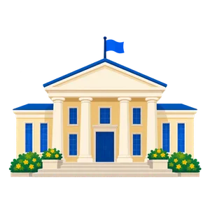 Un bâtiment public à colonnes surmonté d'un drapeau, avec un perron et des massifs fleuris de part et d'autre de l'entrée.