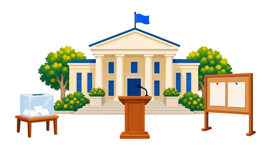 Un bâtiment public à colonnes surmonté d'un drapeau, avec une urne transparente posée sur une table d'un côté, un pupitre à micro devant l'entrée et un panneau d'affichage portant deux feuilles de l'autre.