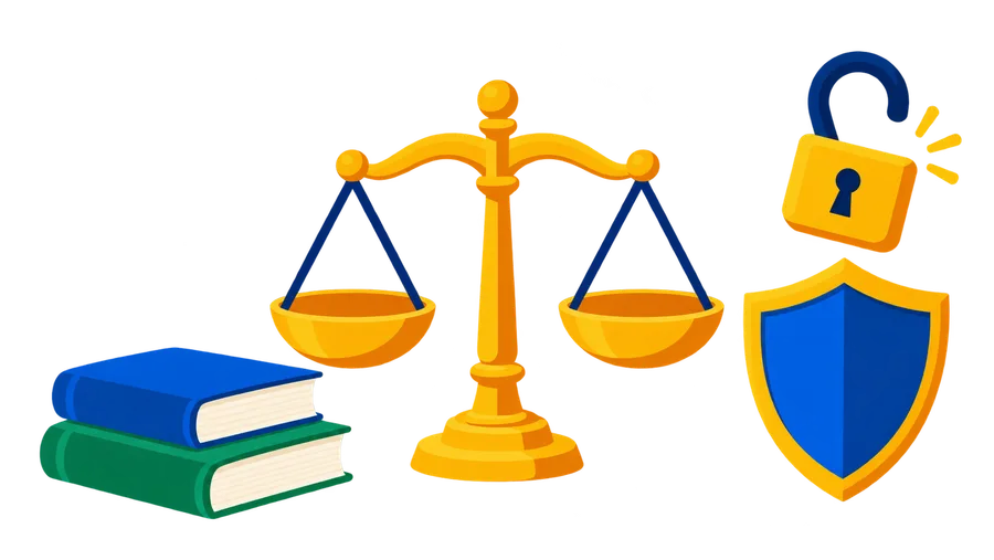 Une balance aux plateaux à l’équilibre, une pile de deux livres fermés d’un côté, un bouclier surmonté d’un cadenas ouvert de l’autre.